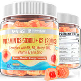 NEVISS D3+K2 pêche gummies sur bouteille, potentiel soutien des os.