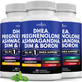Capsules NEW AGE DHEA dans une bouteille ouverte, utilisation pratique.