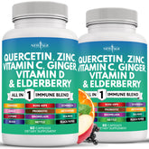 NEW AGE Quercétine Zinc Vitamine C et D sur emballage clair et pratique pour routine quotidienne.