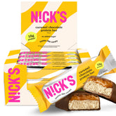 Nick’s Barres protéinées chocolat caramel vue de face, texture fondante et collation riche en protéines.