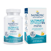 Nordic Naturals Ultimate Omega Mini D3 – bouteille citron, soutien possible au cerveau et au cœur.