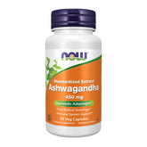 NOW Foods Ashwagandha: bouteille 450 mg, gélules visibles, soutien potentiel au stress quotidien.