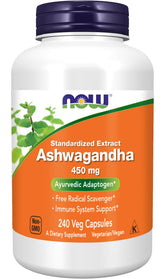 NOW Foods Ashwagandha Extrait 450 mg en bouteille, capsules faciles à avaler pour le bien-être quotidien.