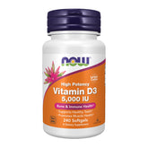 NOW Foods Vitamine D3 5000 UI, bouteille, soutien potentiel à la densité minérale et au bien-être quotidien.