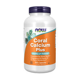 NOW Foods Coral Calcium Plus, bouteille et etiquette visibles, informations claires sur le produit.