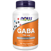 NOW Foods GABA 750 mg, bouteille et emballage, facilite la routine quotidienne.