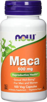 NOW Foods Maca 500 mg – boîte vegan, énergie naturelle potentielle.