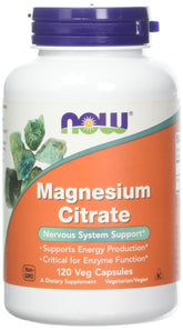 Now Foods Magnésium Citrate en capsules, bouteille visible, soutien potentiel à l'énergie et au métabolisme.