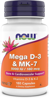 NOW Foods Mega D-3 MK-7, bouteille vue rapprochée, soutien potentiel des os et du système cardio-vasculaire.