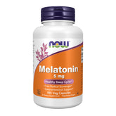 NOW Foods mélatonine 5 mg – bouteille affichant l'étiquette, soutien potentiel au rythme sommeil-éveil.