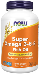 NOW Foods Omega 3-6-9, bouteille softgels, soutien cardio potentiel.