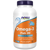NOW Foods Omega-3: bouteille de softgels en gélatine poisson, soutien possible au cœur.