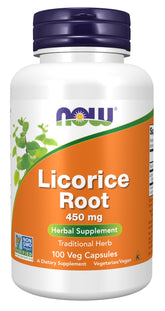 NOW Foods Reglisse racine – capsules 450 mg dans une bouteille pratique pour la routine quotidienne.