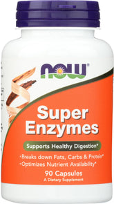 NOW Foods Super Enzymes — Bouteille 90 capsules prête à soutenir la digestion.