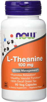 NOW Foods Theanine 100 mg, bouteille de 90 capsules, favorise relaxation sans somnolence.