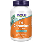 NOW Foods Tri-Chromium dans une bouteille avec étiquette lisible et soutien potentiel au métabolisme.