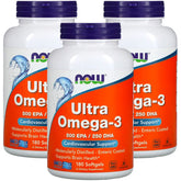 NOW Foods Ultra Omega-3, bouteille de capsules softgel, soutien potentiel au bien-être quotidien.