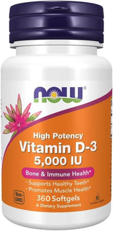 NOW Foods Vitamine D3 bouteille avec étiquette, soutien potentiel à la santé des os et à l'immunité.