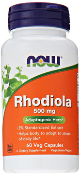 NOW Rhodiola Rosea 500 mg – gélules et bouteille, soutien potentiel énergie et concentration.