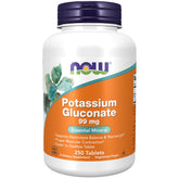 NOW Foods Potassium Gluconate, bouteille visible, soutien potentiel à l'équilibre électrolytique.