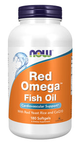 NOW Foods Red Omega™ bouteille visible avec gélules et CoQ10, usage potentiel.