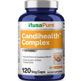 Le flacon NusaPure CandiHealth Complex sur table, soutien digestif potentiel.