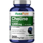 Capsules NusaPure Choline Bitartrate dans une bouteille pratique de 200 gélules.