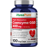 Boîte NusaPure CoQ10 avec bouteille de 400 mg, soutien antioxydant potentiel.