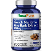 NusaPure Extrait Pin Maritime: bouteille et capsules, soutien antioxydant potentiel.