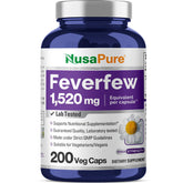 NusaPure Feverfew Extrait, bouteille et capsules végétales faciles à prendre.