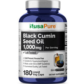 NusaPure huile nigelle 1000 mg dans une bouteille, usage quotidien facile.