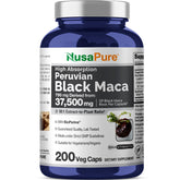 NusaPure Maca Noire Péruvienne – bouteille montrant l’extrait 50:1 et énergie naturelle.