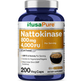 NusaPure Nattokinase en bouteille de 800 mg, pratique pour la supplémentation quotidienne.