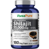 NusaPure Shilajit, bouteille de gélules, pratique pour une routine quotidienne.