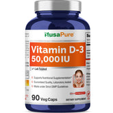 NusaPure vitamine D3 50000 UI dans une bouteille, prise facile.