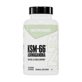 NutraBio Ashwagandha KSM-66 – bouteille montrant le flacon et le logo, soutien potentiel au bien-être.