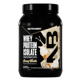 NutraBio 100% Whey Isolate emballage vanille crème, prêt à commencer.
