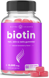 NutraChamps Biotin Gummies – bouteille montrant le format pratique pour cheveux et ongles forts.