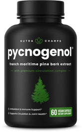 NutraChamps Pycnogenol: bouteille montrant l'extrait Pin Maritime et une circulation potentielle.