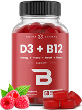 Gommes NutraChamps D3 et B12 dans une bouteille rouge, énergie naturelle potentielle.