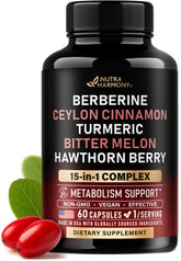 NutraHarmony Berberine : capsules en bouteille soutenant le métabolisme et l'énergie au quotidien.