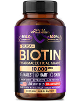 Biotine 10000mcg de NUTRAHARMONY : gélules molles quotidiennes pour cheveux, peau et ongles.