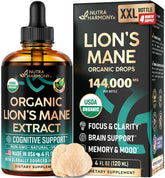 NutraHarmony Lions Mane Liquid — bouteille prête à l'emploi pour un soutien cognitif quotidien.