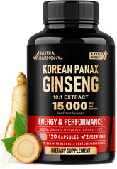 NutraHarmony Panax Ginseng 15000 mg – Bouteille indiquant énergie durable.