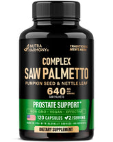 NutraHarmony Saw Palmetto pour hommes, bouteille et étiquette, soutien potentiel à la prostate.