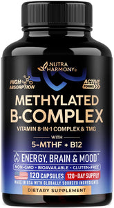 NUTRAHARMONY Vitamine B Complex méthylé – bouteille pratique favorisant l'énergie quotidienne.