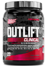 Nutrex Outlift pré-entraînement, pot et étiquette visibles, parfait pour préparer votre séance en salle.