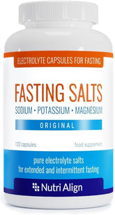 Nutri-Align Fasting Salts : bouteille montrant les capsules d'électrolytes pour le jeûne.