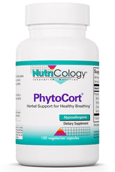 Nutricology PhytoCort: bouteille montrant le soutien respiratoire potentiel.