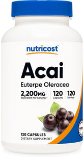 Nutricost Acai Extract capsules: boîte et capuchon, source potentielle d'antioxydants